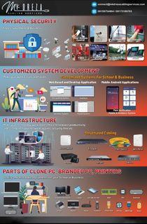 Structured Cabling, Internet, Access Point, Door Access, VOIP, Network Infrastructure, Switches, Firewall, Customized System Development, Customized Apps, Work Systems, System Integrator, CCTV, PABX, PA System, Clone PC, PC parts, Printers,