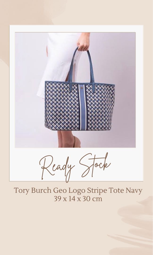 Jual Tas Kerja Wanita Tory Burch Geo Logo Stripe Tote Navy New