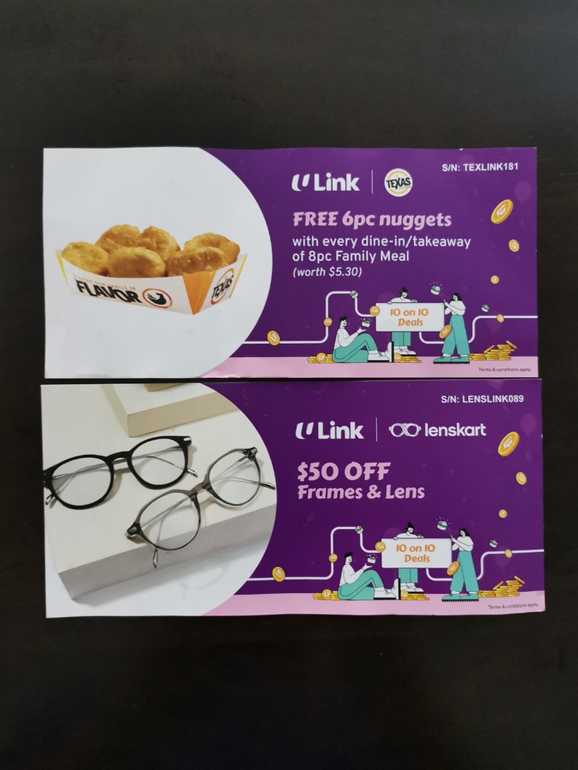 Texas Chicken / Lenskart Voucher, Tickets & Vouchers, Vouchers on Carousell