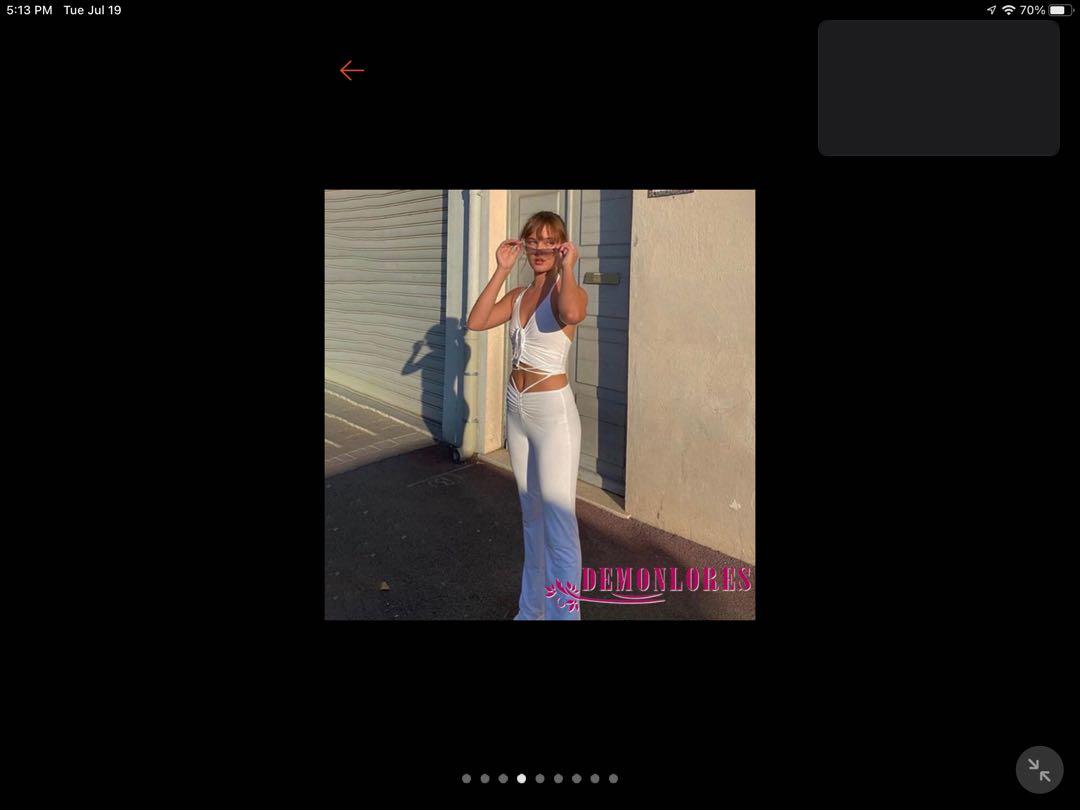 Tie Top and Tie Flare Pants White (Category: Sets or Coordinates) located in Manila. Submitted by de.zigns (Listing ID 1174556349, Image 3). Description: Never been used yung top Shopee checkout available sf only.