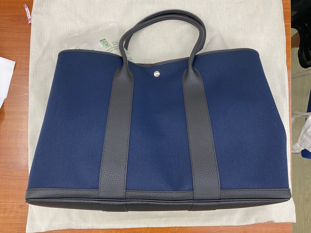 HERMES Garden Party 49 Voyage Marine Blue Canvas with Black Leather RARE!