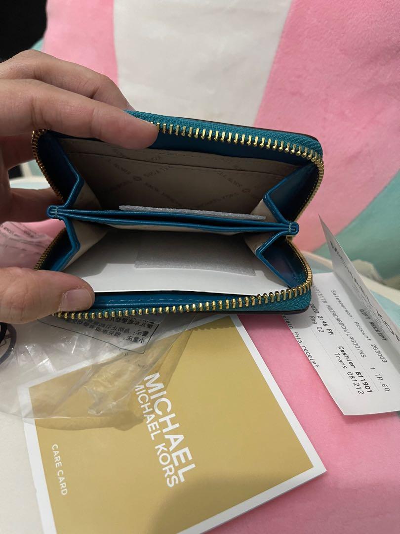 Michael Kors Jet Set Travel Zip Around Card Case Wallet Brown Mk Lagoon Blue