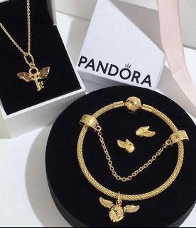 🌟Big sale🌟PANDORA AUTH KEY WINGED NECKLACE -1800/ SAFETY CHAIN -1200/ GOLDEN SNITCH EARRINGS-950/CHARMS -1060/MESH BRACELET -2200