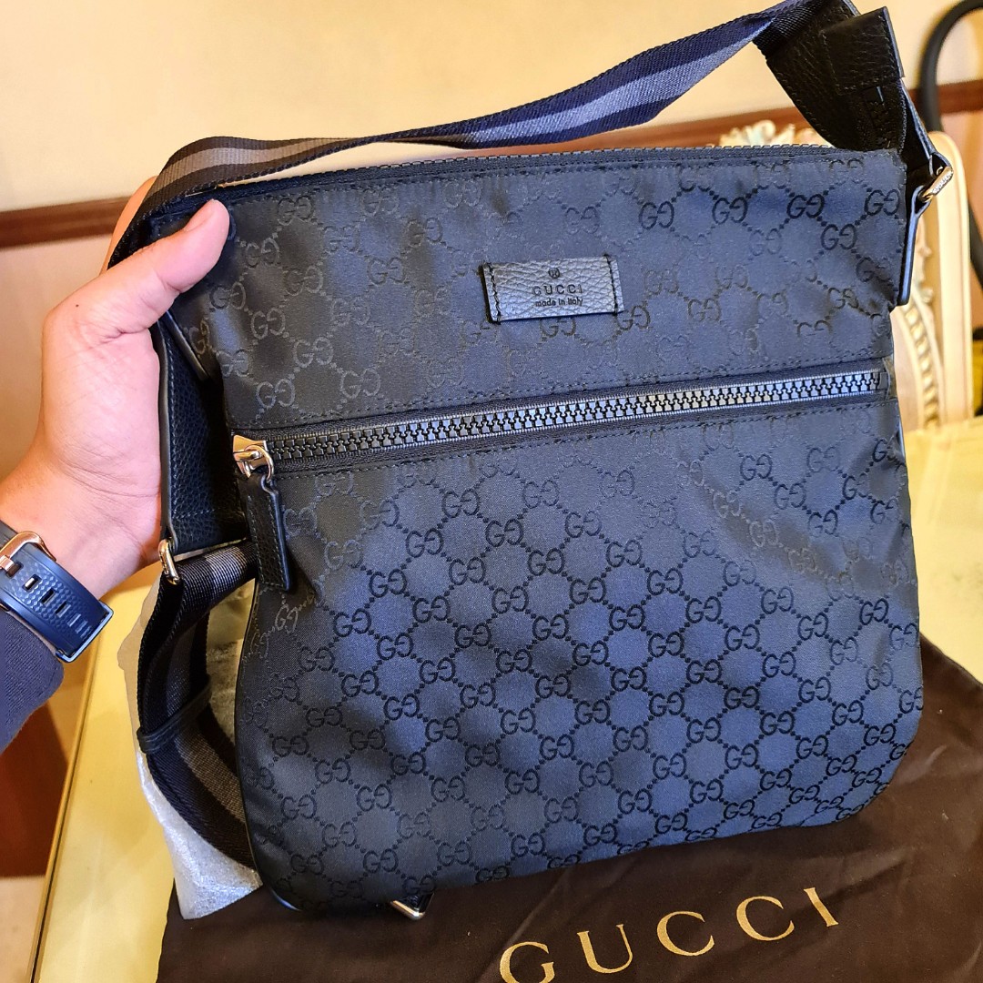 Authentic GUCCI Black GG Nylon and Leather Messenger Bag