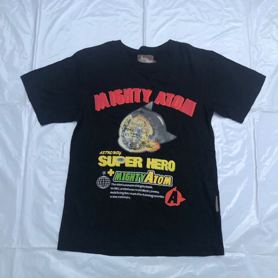 PO MIGHT ATOM ASTRO BOY HOLOGRAM FACE PATCH LOGO BLACK T SHIRT SMALL