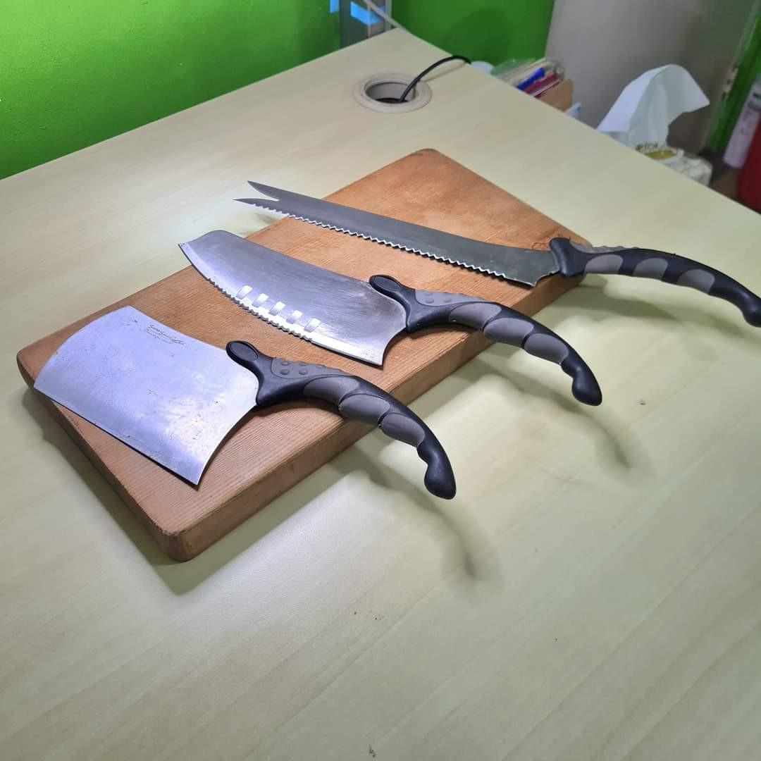 SWISS SWORD Stainless Steel Kitchen Knives Bundle (Category: Knives & Chopping Boards) located in Malolos. Submitted by jestrelita (Listing ID 1174731196, Image 2). Description: SWISS SWORD Stainless Steel Kitchen Knives Bundle P1200 - with solid wood chopping board - L36 x W18 x T3cm - slightly used - almost new - hard plastic handles - minimal scratch only - good condition.