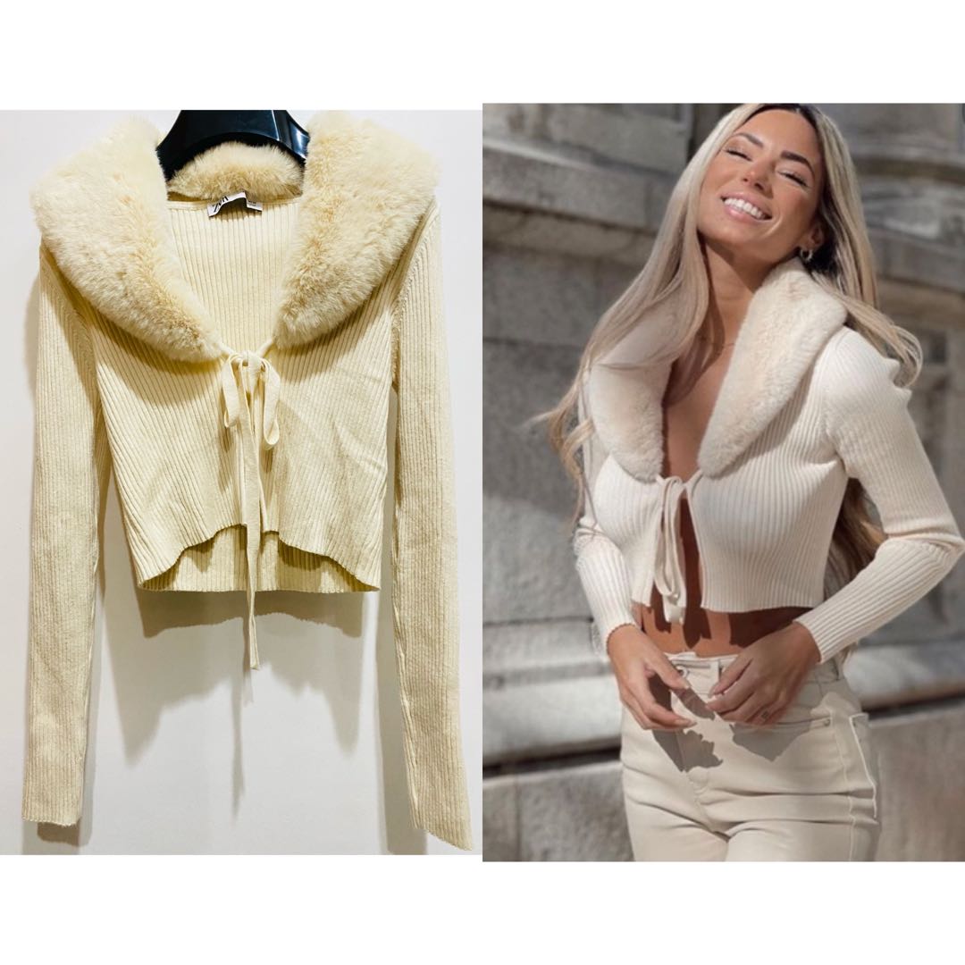 Zara Detachable Fur Collar knit Cardigan Women s Fashion Tops