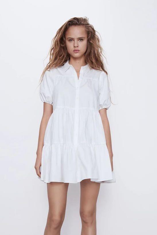ZARA WHITE POPLIN PUFF SLEEVE BABYDOLL DRESS, Women's Fashion, Dresses