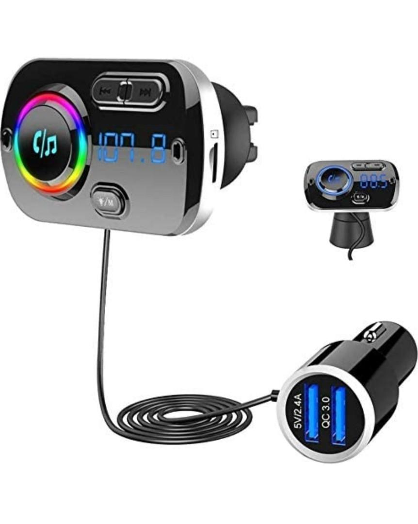 1094] Bluetooth FM Transmitter 5.0 Handsfree Car Kit with 2 USB Ports Quick  Charge QC3.0+ 5V/ 2.4A Car Radio Adapter with Microphone CVC Noise  Reduction,7 Color Lights,Support Siri MP3 Player TF Card,AUX