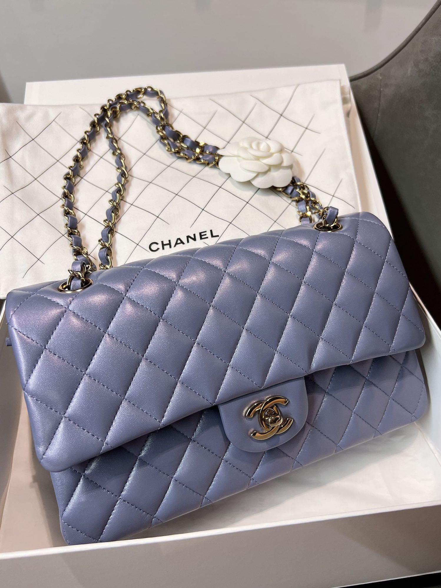 Chanel Classic iridescent Grey Purple in medium lambskin, Luxury, Bags &  Wallets on Carousell