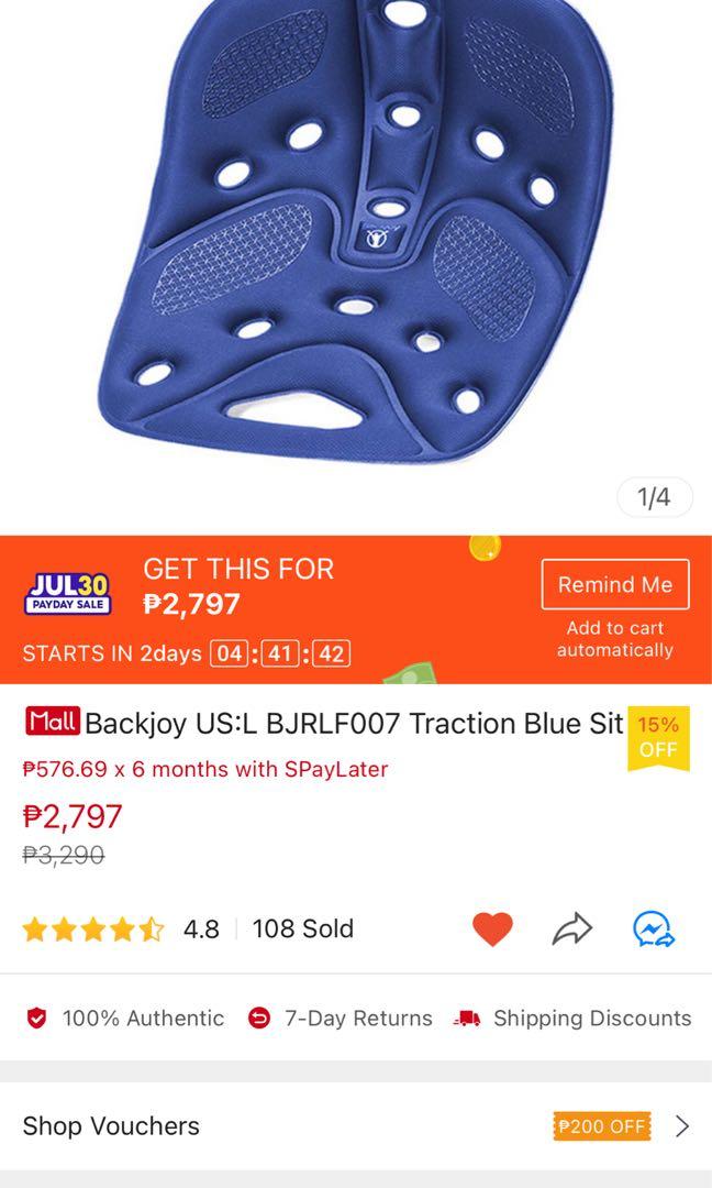 Back Joy Traction Blue Sit (Category: Braces, Support & Protection) located in San Pablo. Submitted by lalyyy (Listing ID 1175017719, Image 3). Description: ￼Backjoy US:L BJRLF007 Traction Blue Sit Preloved back joy. Best for work-from-home set-up Medyo may gasgas lang ‘yung likod na part since sa plastic chair (lifetime brand) ko sya ginamit before nung naka WFH ako. It will not affect the performance naman. Other than that, walang issue. 😊 RFS