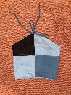 Denim Checkered Patchwork Self Tie String Top