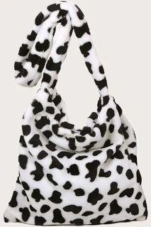 fluffy furry cow print tote bag