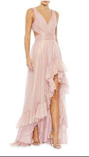 Mac Duggal USA Rose Gold High Low Sleeveless Cut Out Ruffled Hem Wedding Black Tie Formal Evening Dress Gown