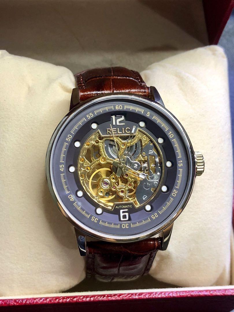 ORIGINAL Men s Relic Automatic Skeleton Wrist Watch ZR77241 GRAY GOLD Face Leather
