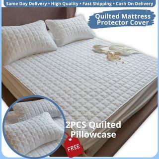 Quilted Fitted Mattress Protector Cover Deep Pocket up to 30cm/ 12 inches, FREE 2 Pillowcases