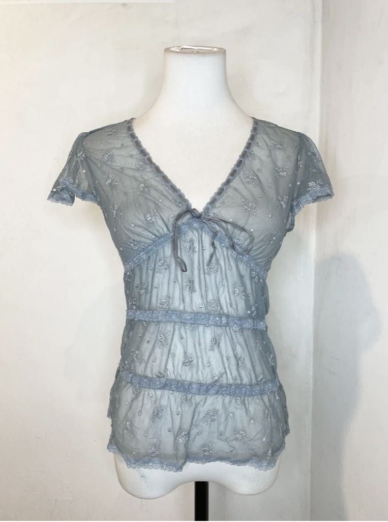 Sheer Blue Coquette Lace Top, Women's Fashion, Tops, Blouses on Carousell