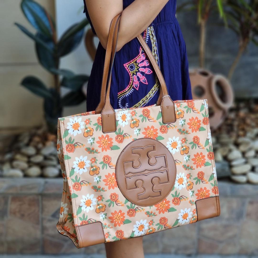 TORY BURCH Women s Ella Patent Tote Bag Daisy Print Orange