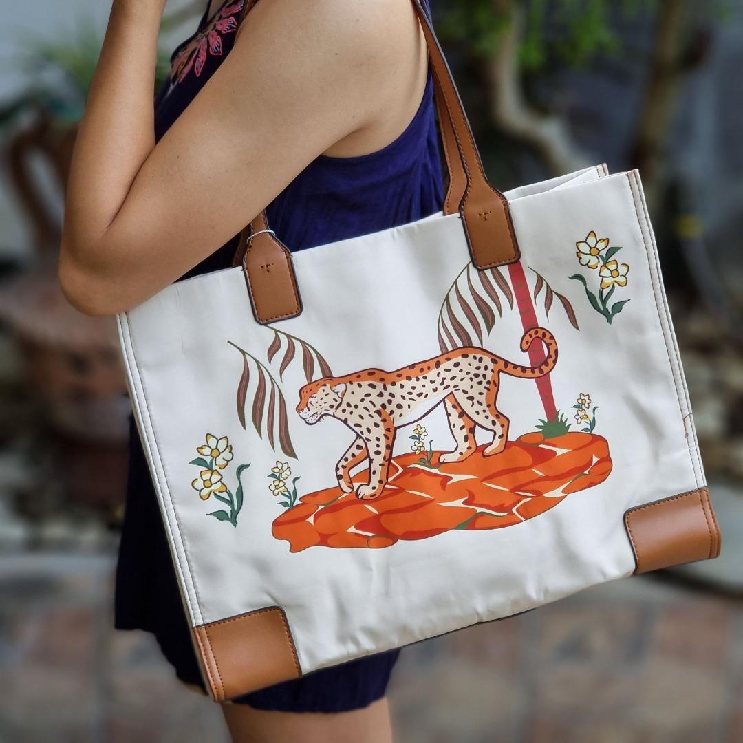 TORY BURCH Women's Ella Patent Tote Bag Cheetah Print - White/Brown,  Women's Fashion, Bags & Wallets, Tote Bags on Carousell