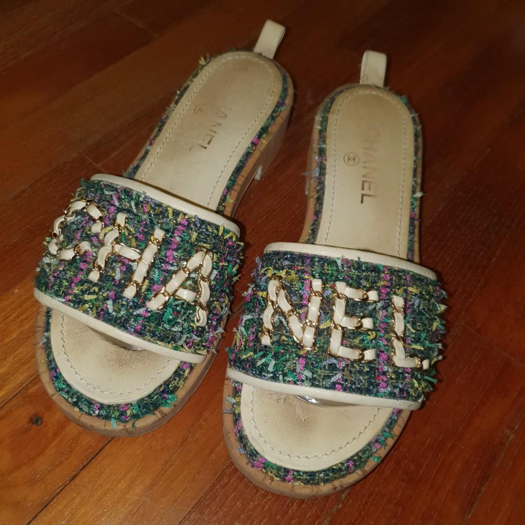 chanel tweed and grosgrain mules