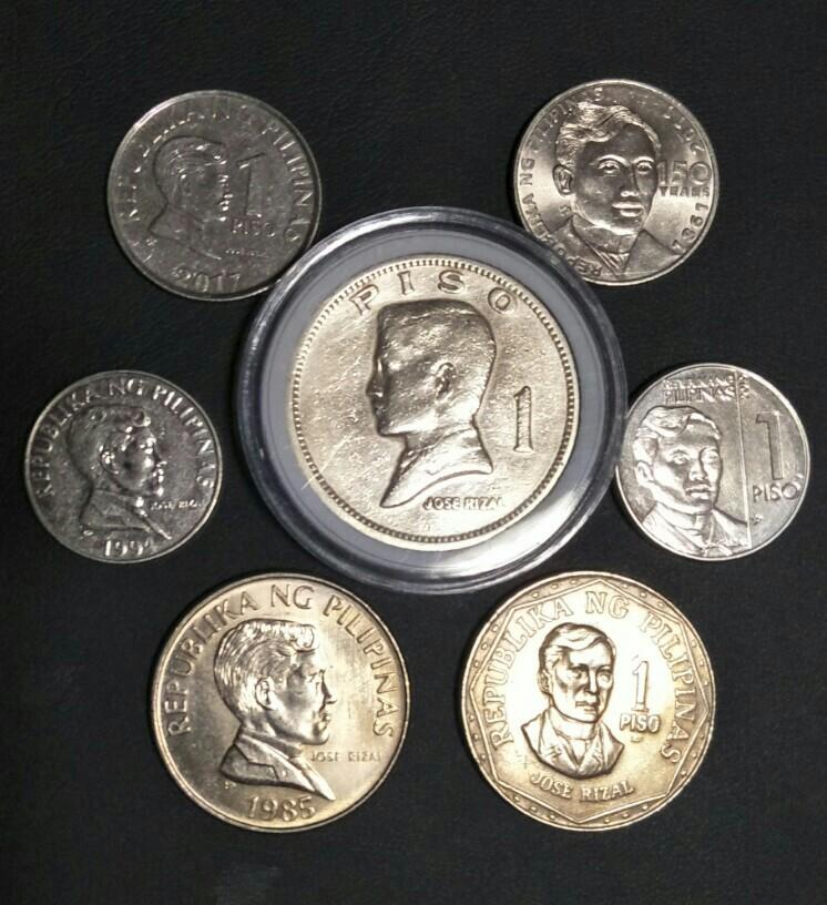 Rizal Collection Bundle: 1-piso Coins (7 different designs) (Category: Currency) located in Las Pinas. Submitted by Troyz_Coinz (Listing ID 1175105681, Image 1). Description: Rizal 1-piso coins (7pcs) since 1972 in different designs and sizes. Price includes coin capsule l. Coins are in mixed, great condition from very fine to uncirculated. For black Coin Box, add P150..