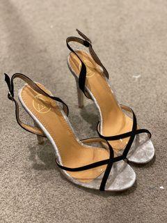 Black Nude Velvet clear heeled