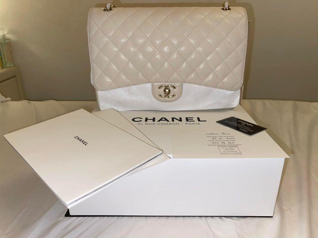 Chanel Maxi Flap (Category: Luxury Bags & Wallets) located in Taguig. Submitted by luxxyfinds (Listing ID 1175122358, Image 2). Description: CHANEL MAXI FLAP •Caviar Leather •CHAMPAGNE GOLD HARDWARE (Hard to find, very rare) •White •With Authentication Card •With Certificate/Stamp of Purchase •With Dustbag •With White Box and White Paper Bag •Bought in 31, Rue Cambon- Paris (the street where the first Chanel store was located, the only Chanel bou