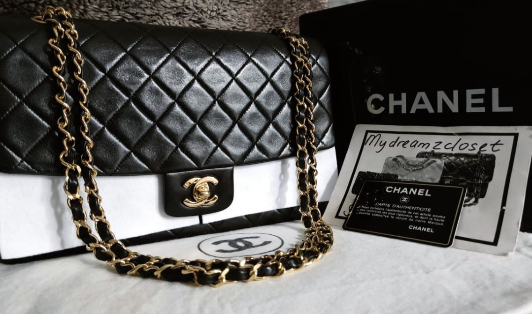 Full Set Chanel Black Classic Vintage 24K Gold Large Flap, Women's