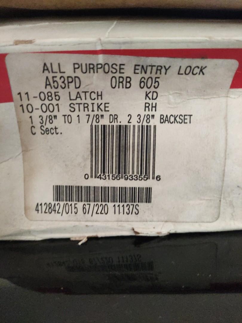 Schlage Entry Lock A53PD ORB605 (Category: Locks, Doors & Gates) located in Quezon City. Submitted by _justjames (Listing ID 1175179872, Image 2). Description: Original Schlage All Purpose Entry Lock for sale 2 pcs available RFS: Changed design plans *some boxes are damaged but this is from storage in the original store it was bought from. **boxes have writings on them. Payment through GCash/Chinabank.