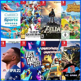 The legend of Zelda:breath of the Wild/Super Smash Bros Ultimate/Nintendo Switch Sports/Animal Crossing New Horizons/Zelda Tears of the Kingdom/Just dance 2022/FIFA22/FIFA 23/overcooked2/Overcooked All You Can Eat/Monster Hunter Rise Nintendo Switch Games