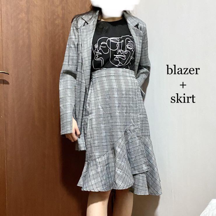 Checkered blazer and skirt set sale