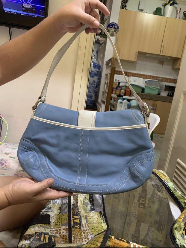Vintage Coach Light Blue White Leather Hobo Handbag F10910