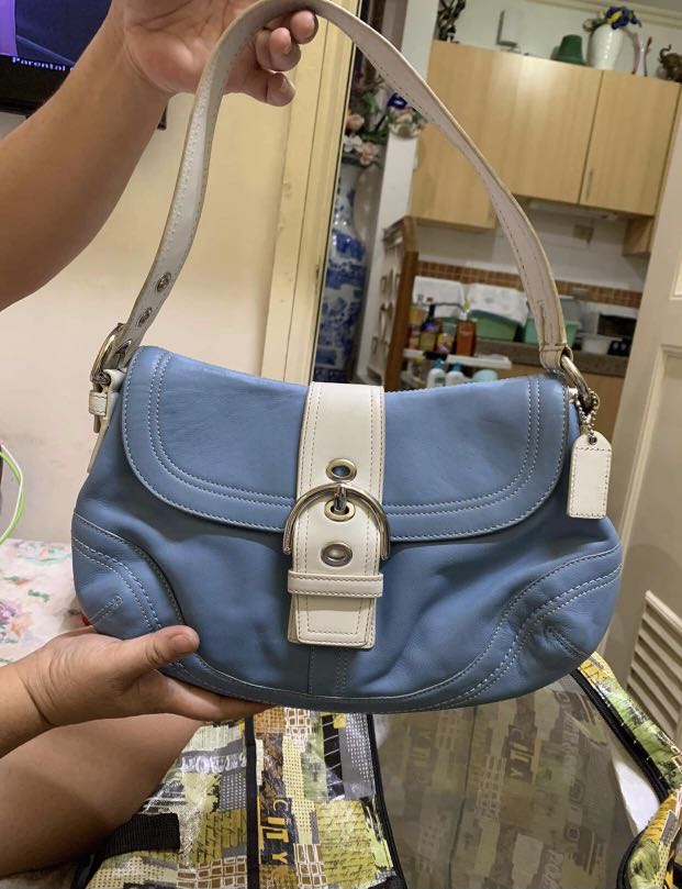 Vintage Coach Light Blue White Leather Hobo Handbag F10910