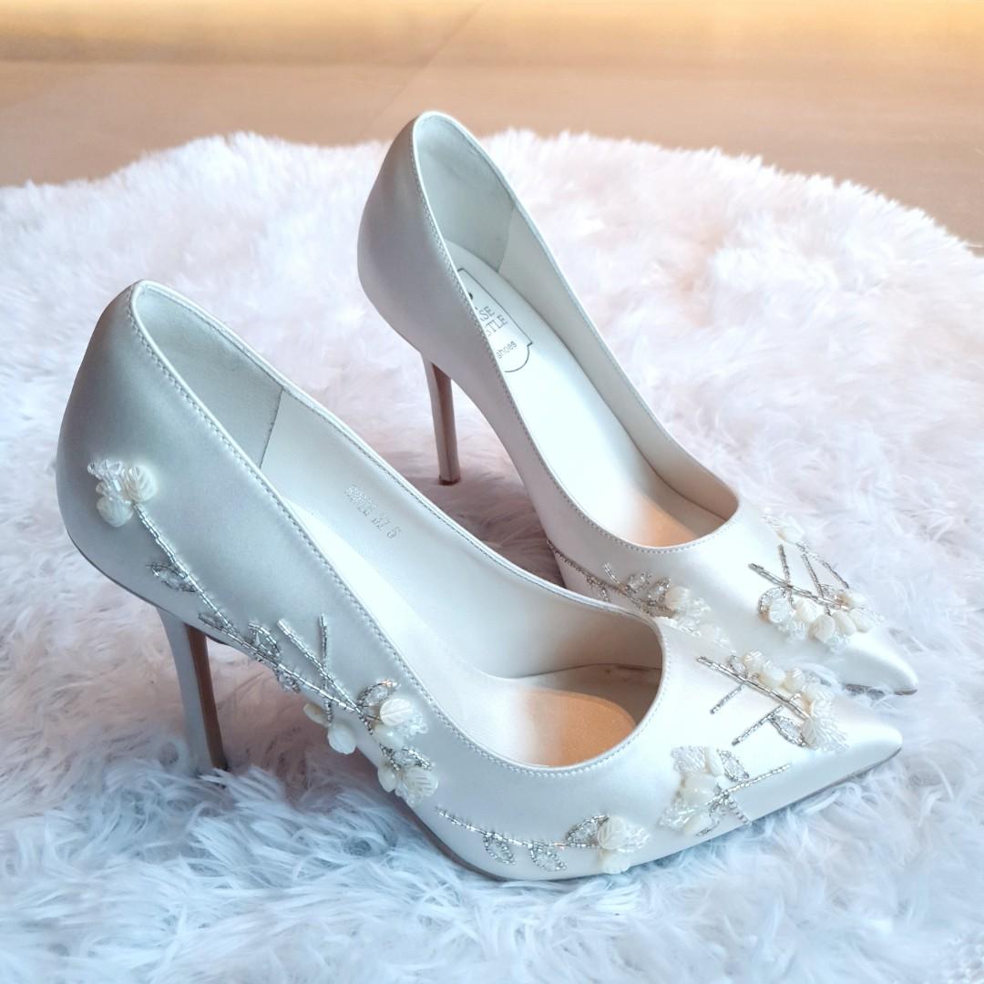 White Satin Bridal Wedding Heels w Beading Women s Fashion Footwear Heels on Carousell