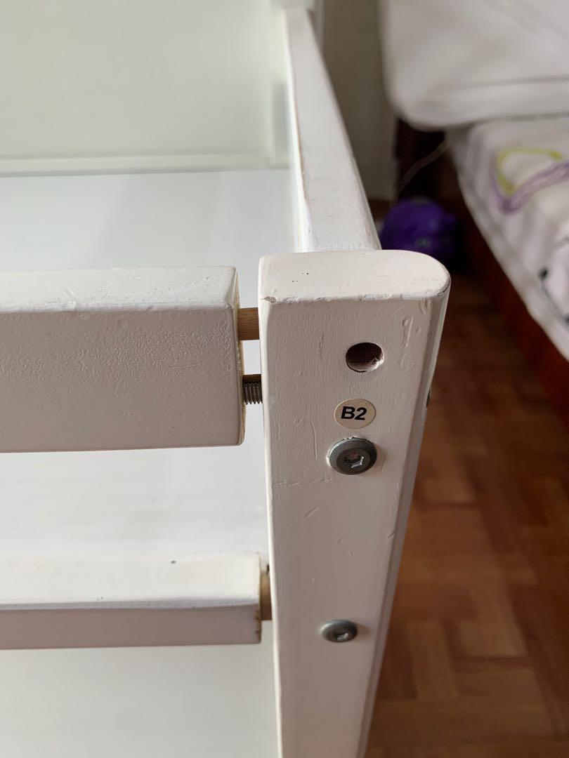 2 in 1 ADJUSTABLE WOODEN CRIB (WHITE) (Category: Cots & Cribs) located in Marilao. Submitted by gorjuzshop (Listing ID 1175125052, Image 3). Description: PRELOVED wooden crib with 3 layer shelves! well used. crib is 10/10 ISSUE: shelf on first layer is loss thread po, you can see sa 3rd picture but you can have it repair. yun lang nman ang need for basic fixes. di na naasikaso ayusin dhil hindi nman na gngamit ni baby. mas gusto na tumabi sakin. 