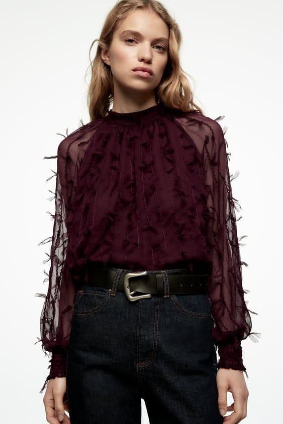 Zara blouse with fringe trims - Dark Maroon, Fesyen Wanita, Pakaian Wanita,  Atasan di Carousell