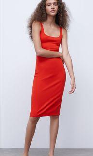 Zara bright red hot chili stretch Midi dress #pilihpreloved