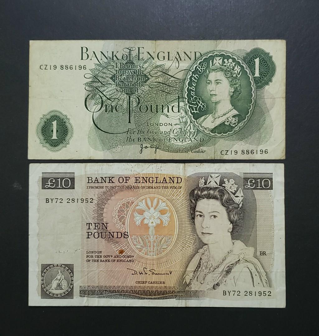 絕版英鎊老紙Bank of England 1鎊及10鎊共2張1960-77 £1, 1975 £10, 興趣及遊戲, 收藏品及紀念品, 錢幣-  Carousell