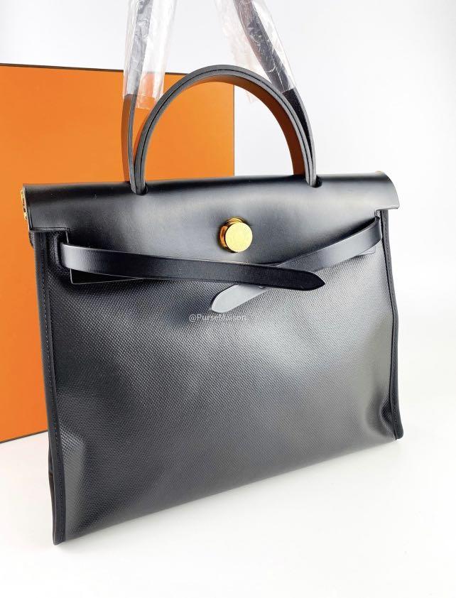 Brand New Hermes Herbag Zip 31 Black coated canvas in Gold