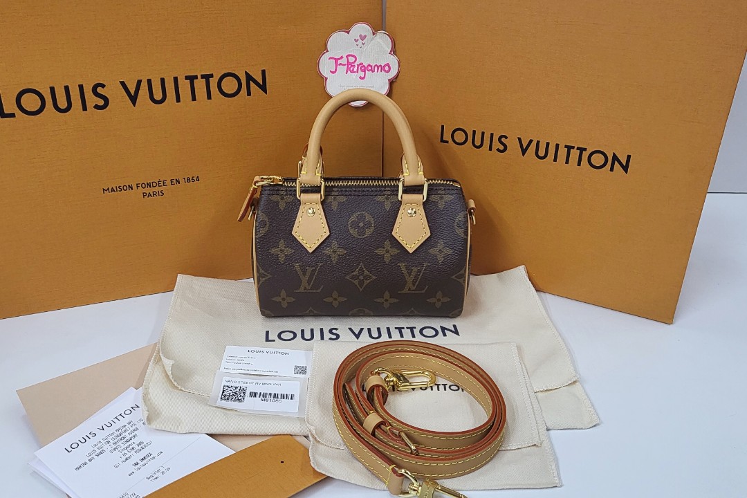 louis vuitton m81085 nano speedy monogram canvas, with strap, dust cover &  box