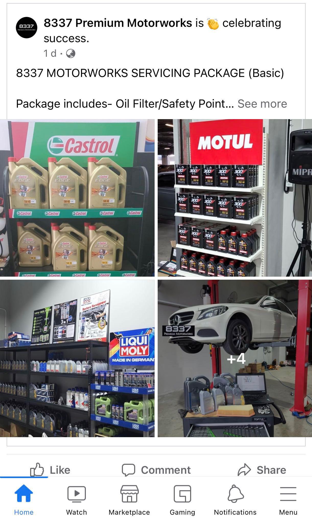Mercedes Benz BMW Audi Infiniti Toyota Honda Hyundai Kia Mazda Nissan Castrol Edge Motul 8100 Motul 300V Liqui Moly 3 in 1 Molygen 5W30 5W40 High End Performance Engine Oil Servicing Repair Works (Category: Car Workshops & Services) located in Singapore. Submitted by 8337Motorworks (Listing ID 1110529640, Image 3). Description: Engine oil and gearbox oil servicing for all cars 6 litres with oil filter pricing Shell helix ultra / Mega premium oil-