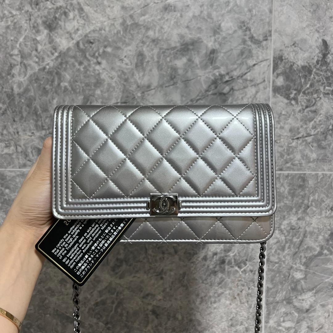 Chanel Boy Wallet On Chain WOC Patent Leather Silver