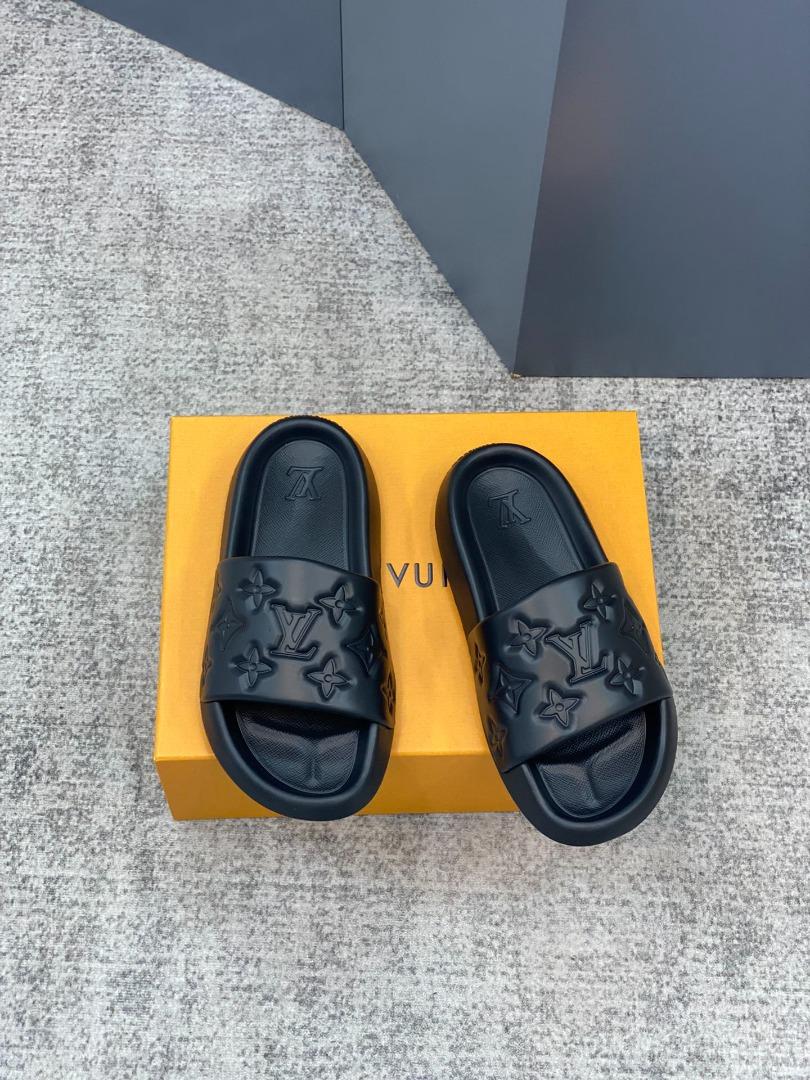 Louis Vuitton Black Damier Embossed Rubber Waterfront Flat Slides