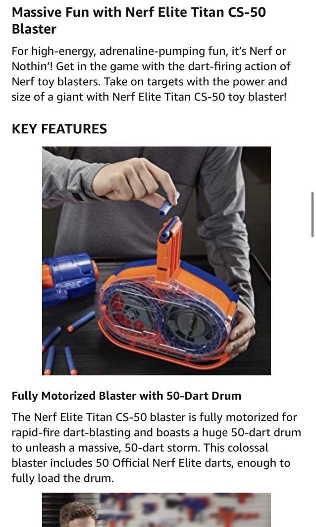 Nerf Elite Titan CS-50 Toy Blaster Fully Motorized 50 Dart Drum 50 Official  Elite Dart Spinning Barrel, For Teens and Adults 