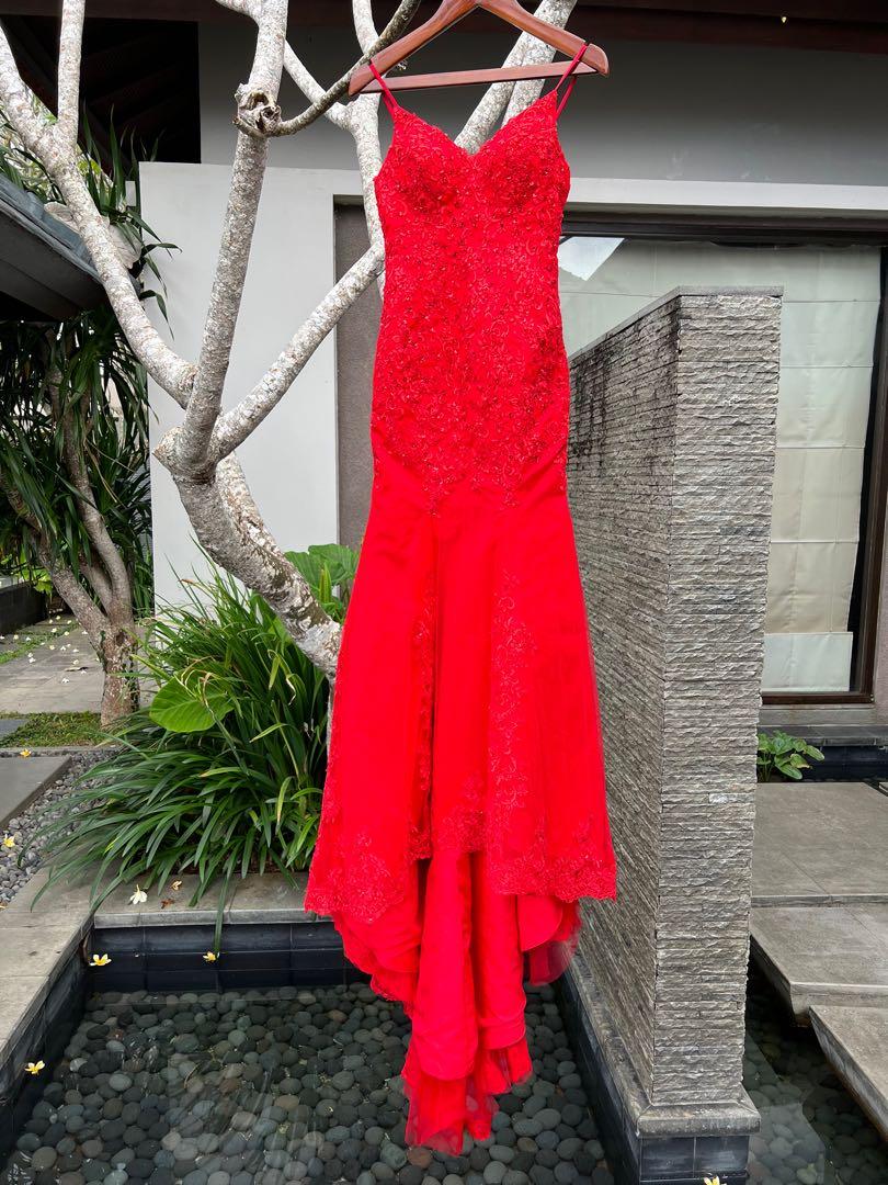 Red fishtail shop evening dress
