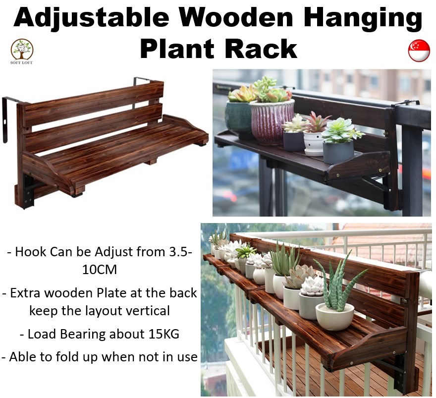 [SG STOCK] Adjustable Wooden Rack Balcony Railing Flower Rack Hanging ...