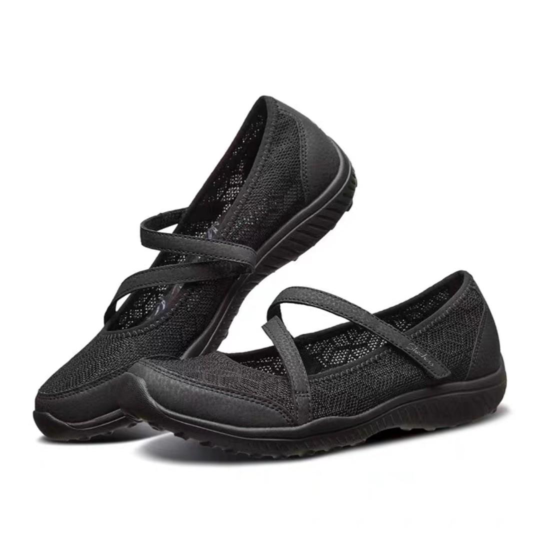 Skechers black leather sales flats