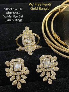 3 Carat Natural Diamond in 18K YG Manilyn Set (Ring and Earring) with FREE Fendi Gold Bangle