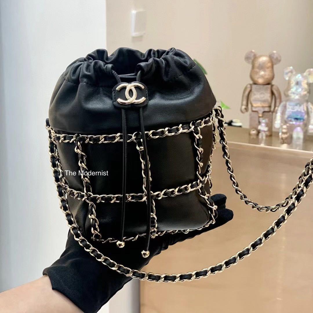 Authentic Chanel Drawstring Bucket Bag with Chain