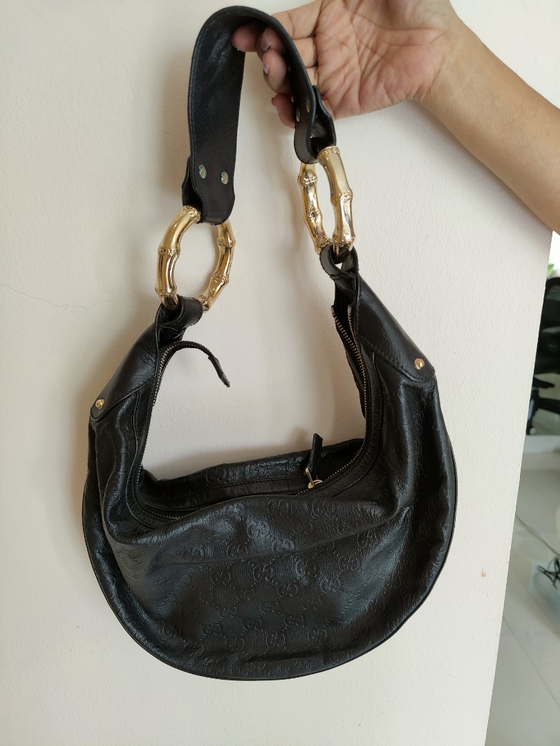 GUCCI Guccissima Half Moon Bamboo Ring Hobo Black Women s Fashion